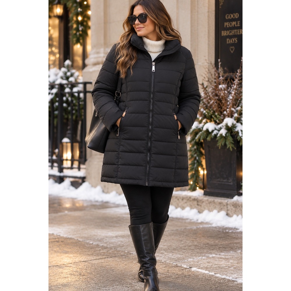 Calvin Klein Womens Black Stretch Puffer Coat Mid-Length Quilted Jacket Sz M